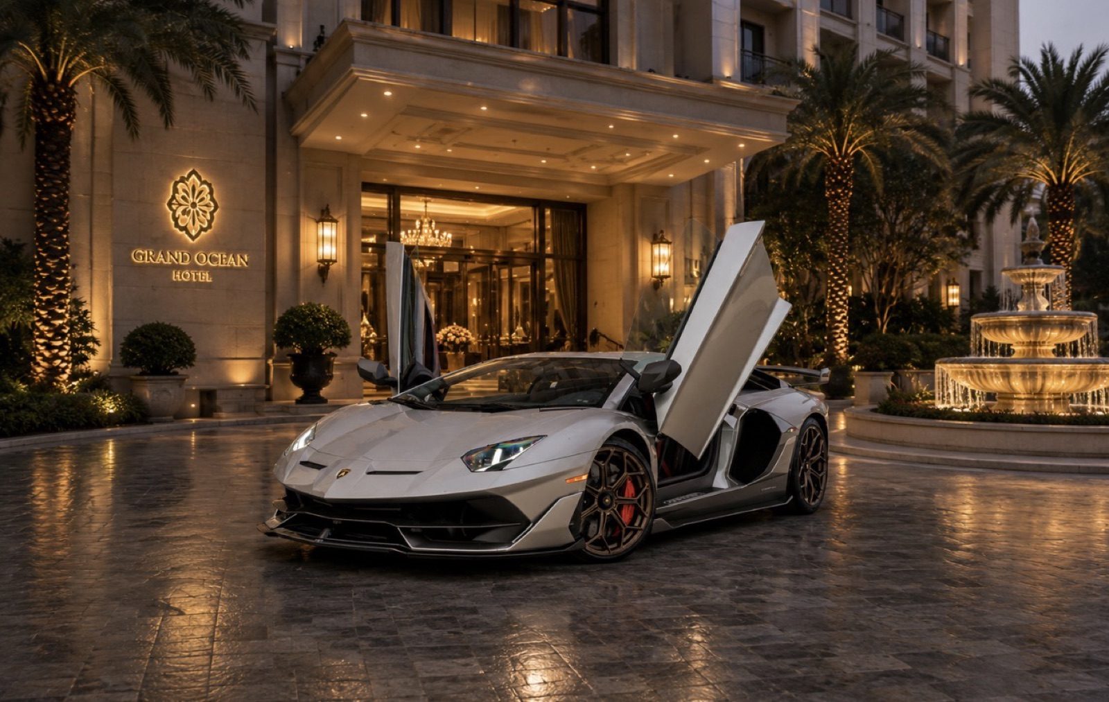 Lamborghini Aventador SVJ silver rental Orange County exotic car rental First Class Exotics