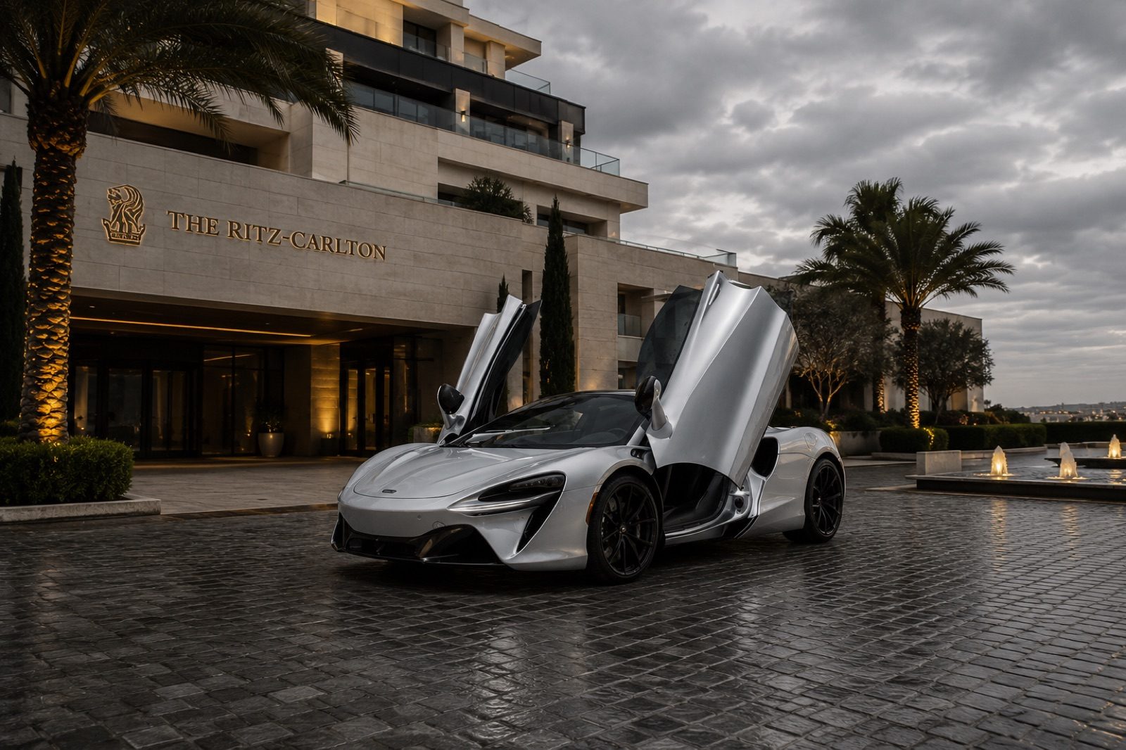 Silver 2024 McLaren Artura Coupe rental Orange County First Class Exotics